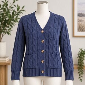NWOT UEU Cardigan Sweater Womens Medium Blue Cable Knit Button Front Pockets